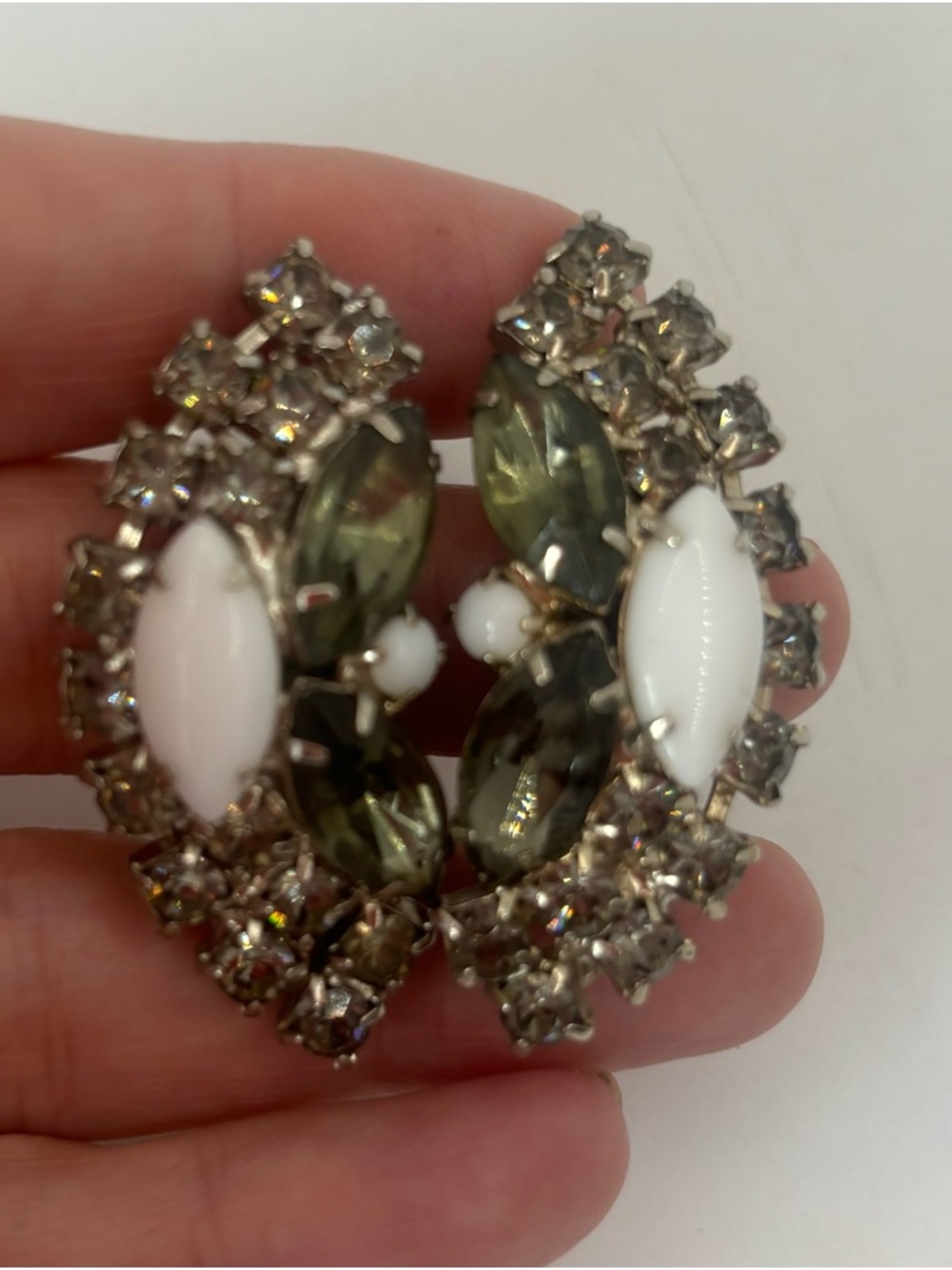 Vintage Green and White Crystal Cluster Earrings